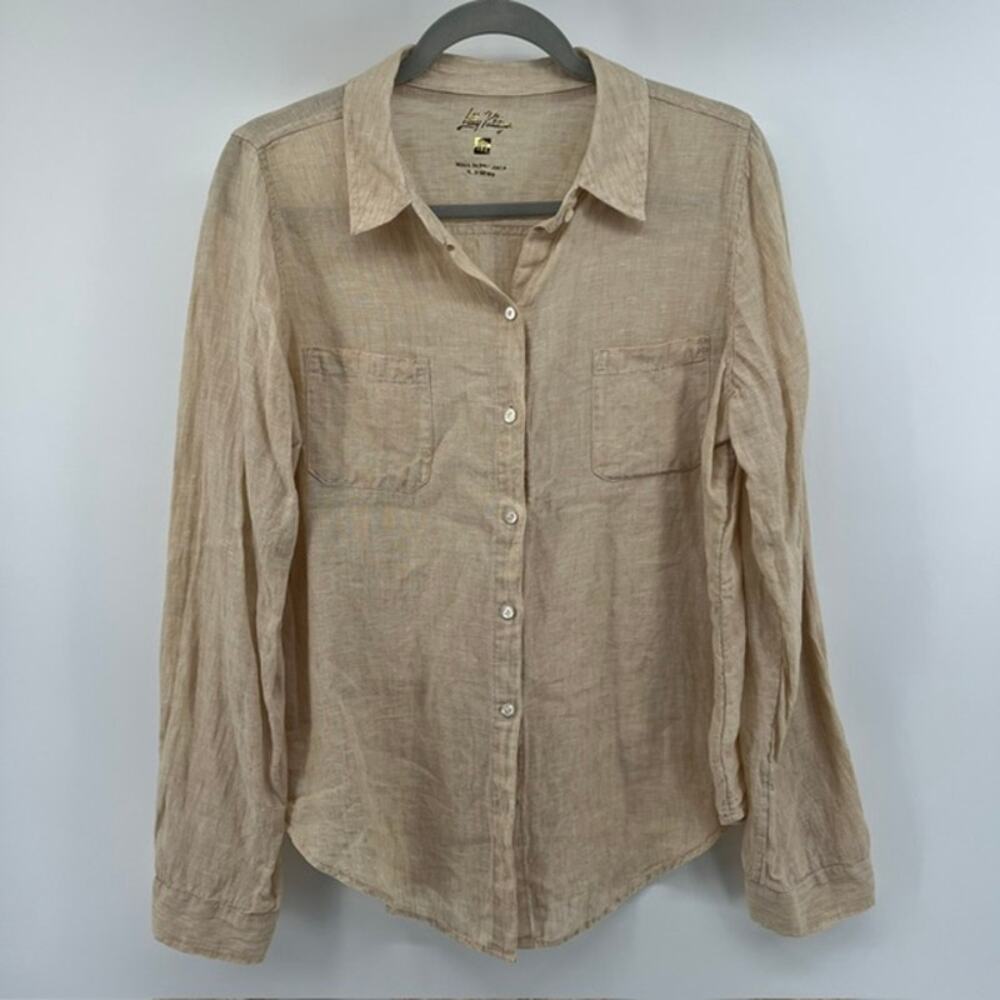 Lilly Pulitzer Seacoast 100% Linen Button Up Shirt Womens M Beige Resort Coastal